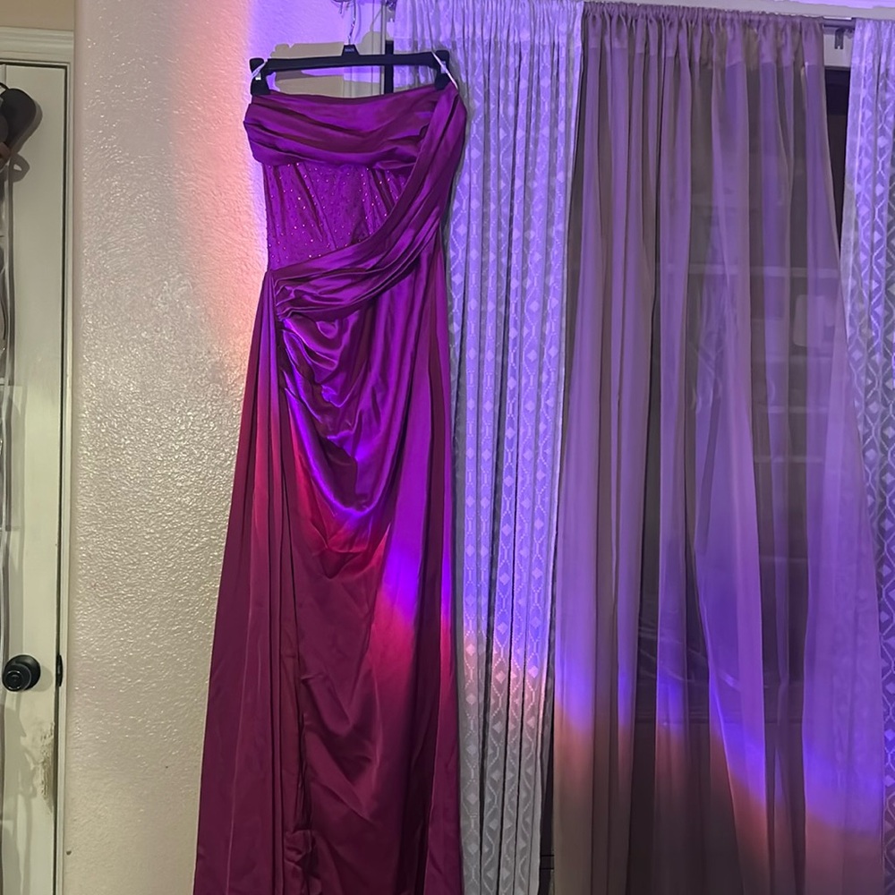 Miss Circle Holly Fuchsia Crystallized Corset High Slit Satin Gown